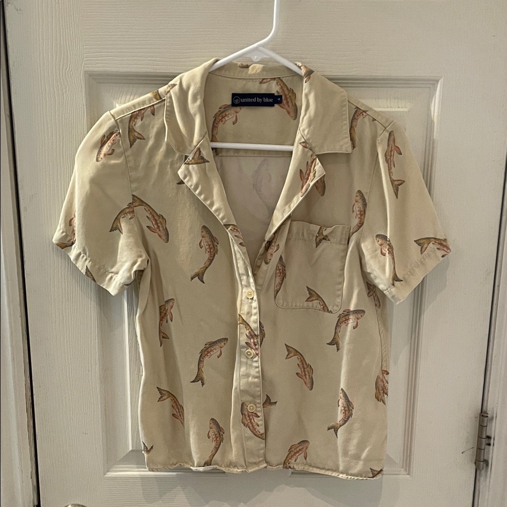 United By Blue Cream Button Down Shirt with Fish Print